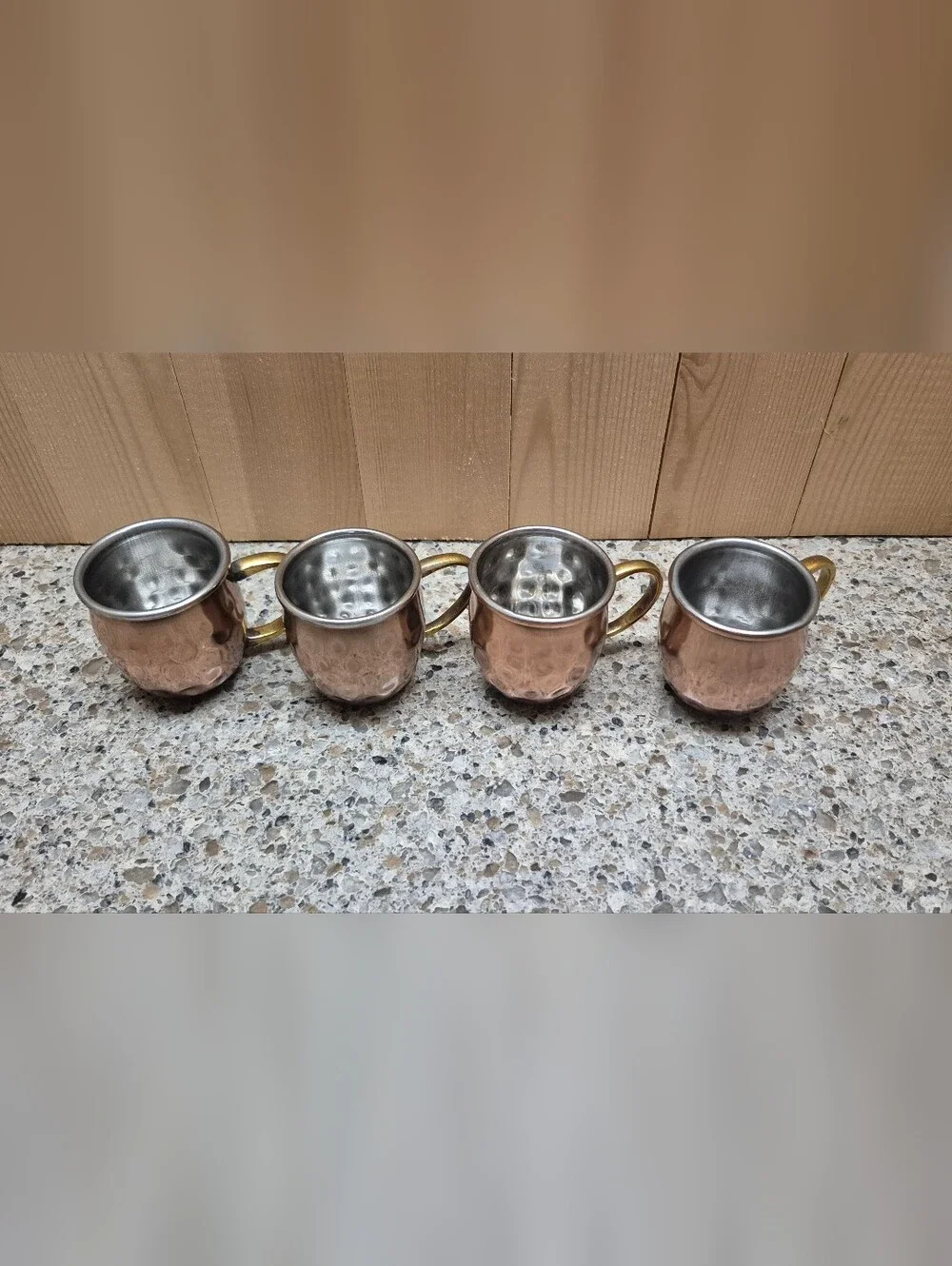 Set of 4 Mini Moscow Mule Copper Shot Glasses Hammered Finish Brass Handle 2 oz